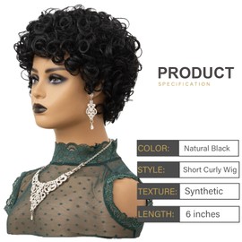 BOBCOO Short Curly Wigs For Black Women Short Afro Curly Wigs For African American Afro Natural Curly Puff Wig Daily Use Soft Afro Curly Wigs With Bangs Synthetic Natural Black Full Machine Made Wigs
