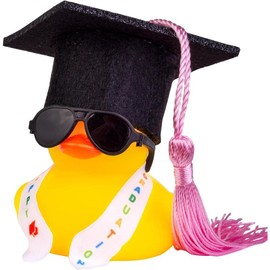 Graduation Duck  Ornament, Rubber Duck  Dashboard Decor with Mini Graduation Hat Sash Sunglasses - Color: G12-sunglasses-pink Tassel