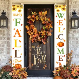 Happy Fall Y'all Porch Banner Sign Flag 71" X 12", Maple Sunflower Pumpkins Gnome Front Door Decorative Hanging Welcome Banner Flag, Autumn Thanksgiving Decoration Home Outdoor Decor