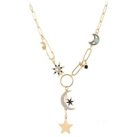Gothic Star Tassel Charm Choker Necklace For Women 14k Gold Plated Trendy CZ Crystal Sun Moon Flower Pendant Chunky Safety Pin Paperclip Cuban Link Chain Hip Hop 80s Jewelry Gift Anniversary Christmas