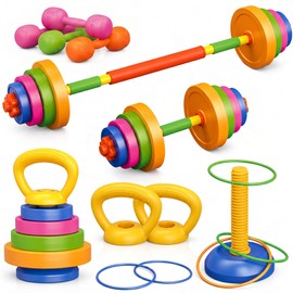 Yoyoom 6-in-1 Kids Weight Set – Dumbbell, Barbell, Kettlebell, Ring, Water & Sand Fillable, Adjustable Workout Equipment Toy, Kids Exercise Equipment Toddler Weights Gym Set Gift for Ages 3-8 Boys Girls