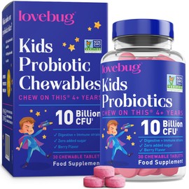 LoveBug Probiotics lovebug PROBIOTICS for Kids C Probiotic Chewables with Prebiotic Fiber for Age 4+, Daily Children's Gut Health, Constipation, Sugar-Free Berry Flavor, 30 ct