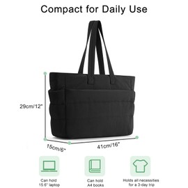 bagasin Women's Puffy Tote Bag, Lightweight Quilted Bag with Compartments, Shoulder Bag for Everyday and Travel - Black & Beige, black