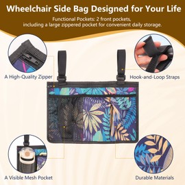 RAWMOCE Wheelchair Bag Side Storage Pouch with Cup Holder & Phone Pocket, Heavy-Duty Armrest Organizer for Walker, Rollator, Mobility Scooter Accessories (Leaf Color)