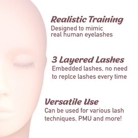 Amber Lash Mannequin Head With Embedded Layered eyelashes, For Lash Extension and Permanent Makeup Practice, With Reusable Multi-Layered Lashes