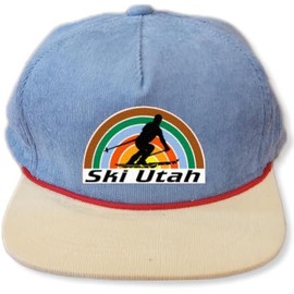 THATSRAD Ski Resort Corduroy Snapback Hat Skiing Winter Cap Rope (Ski Utah, Sky/Pale Yellow)