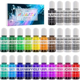 Alcohol Ink Set - 24 x 0.35oz Alcohol Based Ink for Epoxy Resin Painting, Resin Petri Dish Making - Concentrated Alcohol Paint Color Dye with 6 White Color Inks for Resin Art, Coaster, Yupo, Tumbler