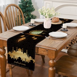 Siilues Ramadan Decorations for Home, Ramadan Table Runner Eid Mubarak Mosque Muslim Islamic Golden Moon Religious Table Runner Holiday Decor Dining Table Decoration (13'' x 36'')