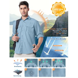 Safari Shirts for Men for Africa UPF 50+ UV Sun SPF Protection Lightweight Mens Button Up Long Sleeve Shirts for Men Quick Dry Breathable Moisture Wicking for Camping Hiking Fishing Travel Outdoor
