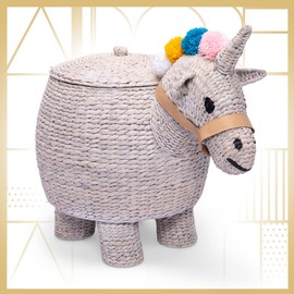 Adore Decor Unicorn Laundry Hamper Child & Pet Safe Basket, Baby Hamper for Nurseries, Cute Toy Basket for Children's Bedrooms, or Cat & Dog Toy Box, Natural & Sustainable Water Hyacinth, Light Grey