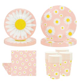 WODJR 80Pcs Daisy Tableware Daisy Party Decorations Daisy Dinnerware Daisy Plates Napkins Cups Daisy Disposable Tableware Daisy Party Supplies Boho Rainbow Party Decorations Daisy Birthday Decorations