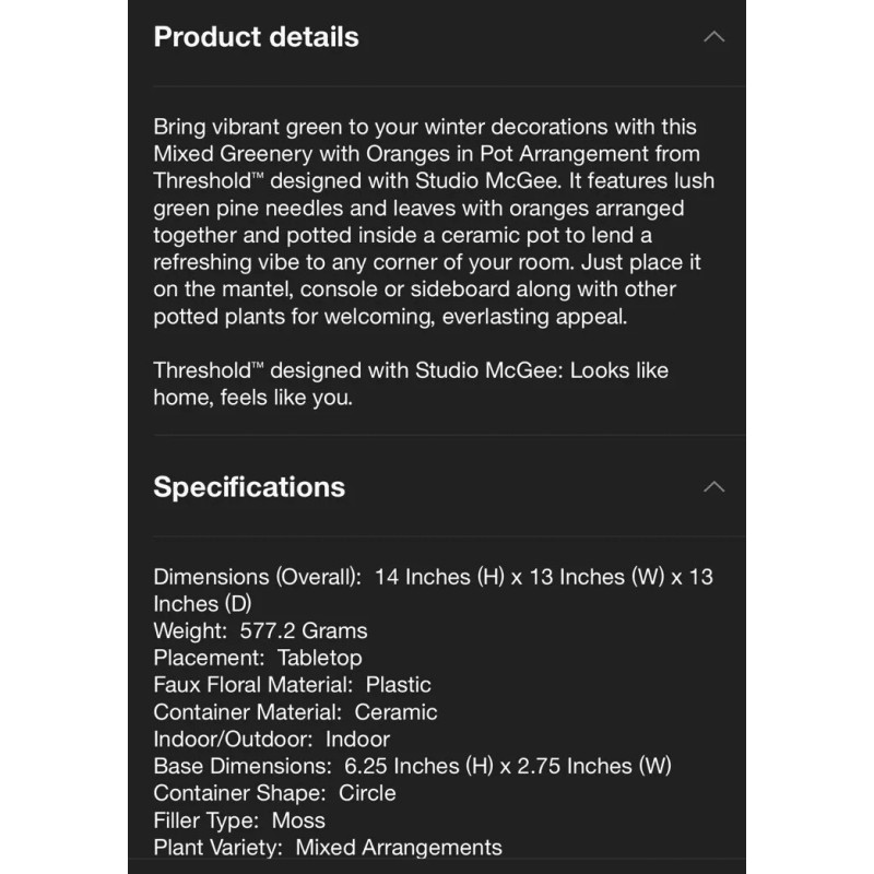 Studio McGee Threshold Mixed Greenery with Oranges in Pot Arrangement