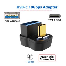NFHK Magnetic 10Gbps Type C Male to USB 3.0 Female OTG Data Adapter Opposite U Shape Back Angled for Laptop Phone