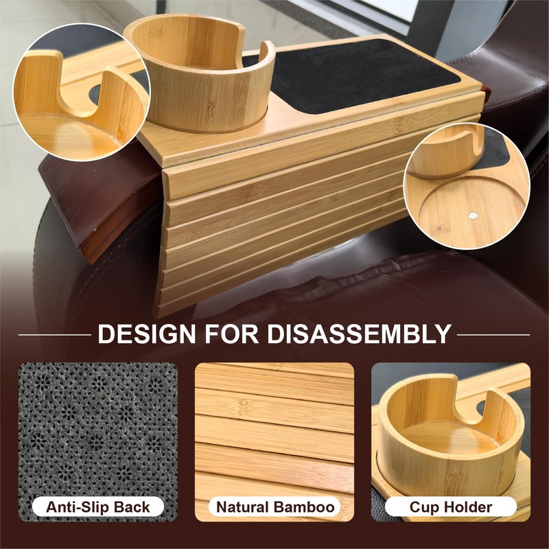MAGIC BAMBOO Couch Cup Holder Tray, Bamboo Sofa Armrest Tray