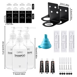 Roselee Soap Dispenser Wall Mounting Set, Soap Dispenser Shower No Drilling 500 ml Soap Dispenser Wall Mounted Transparent Shampoo Dispenser with Funnel and Waterproof Labels for Kitchen Bathroom