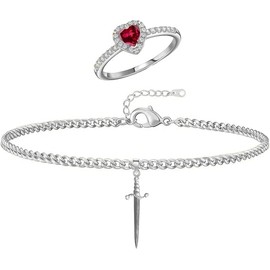 Walquicks Juego de Pulsera y Anillo de Corazón para Pareja, Acero Inoxidable Dorado y Plateado con Cadena de Eslabones de Espada y Piedras Preciosas Rojas, Anillo de Promesa Romántico(Plateado)