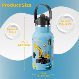 Exllena 350ml Toddler Water Bottle Stainless Steel BPA Free - 100% Leakproof - Kids Insulated Water Bottle with Straw and Handle Lid - Easy to Use for Girls Boys (Car)
