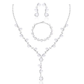 KEUKORZ 3 Pcs Pearl Jewelry Set for Prom Wedding Jewelry Sets for Women Pearl Necklace Sets Elegant Necklace Dangle Earrings Bracelets Set for Prom Adjustable Size