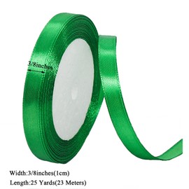 Green Satin Ribbon 10mm x 23 Meters, Solid Color Fabric Present Ribbon for Crafting, Gift Wrapping, Hair Bows, Balloons, Cakes Decoration, Bridal Bouquet, Sewing, Birthday Party and DIY Handicrafts