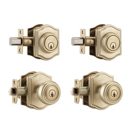 NCSEN Brushed Gold Door Knobs with Camelot Trim, 2 Pack Exterior Door Lock Set with Deadbolt Keyed Alike, Coastal Style Exterior Door Knob for Bedroom