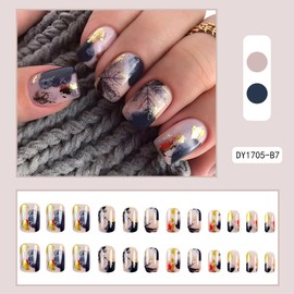 Ink Forest Gold Foil Fake Nails Press On Nails Short Square,Glossy with Designs Full Cover Acrylic Glue on Nails Short Square Round False Nails Thick French Tip Stick on Nails for Women 24Pcs DY1705-B7