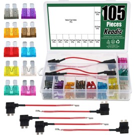 Keadic 105-Pack 12V Add-A-Circuit Fuse Adapter Assorted Standard Blade Fuse TAP ATM APM Blade Fuses Car Boat Truck Replacement Fuses Holders Kit - 2/3/5/7.5/10/15/20/25/30/35 Amp（Medium）