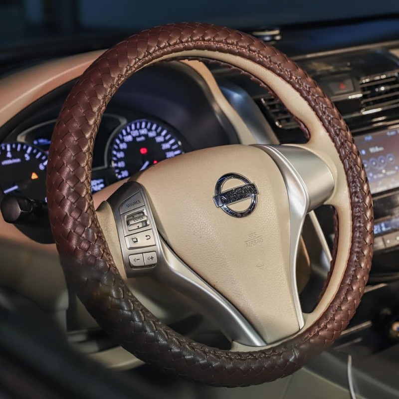 Men Steering Wheel Cover Leather for Car Brown Hand-Made Wheel