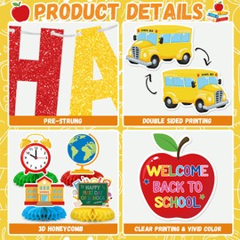 Happy First Day of School Banner Decorations Pre-Strung Glittery Welcome Back to School Garland Hanging Swirl Honeycomb Centerpiece for Kindergarten Classroom Decor Office Home Party School Supplies