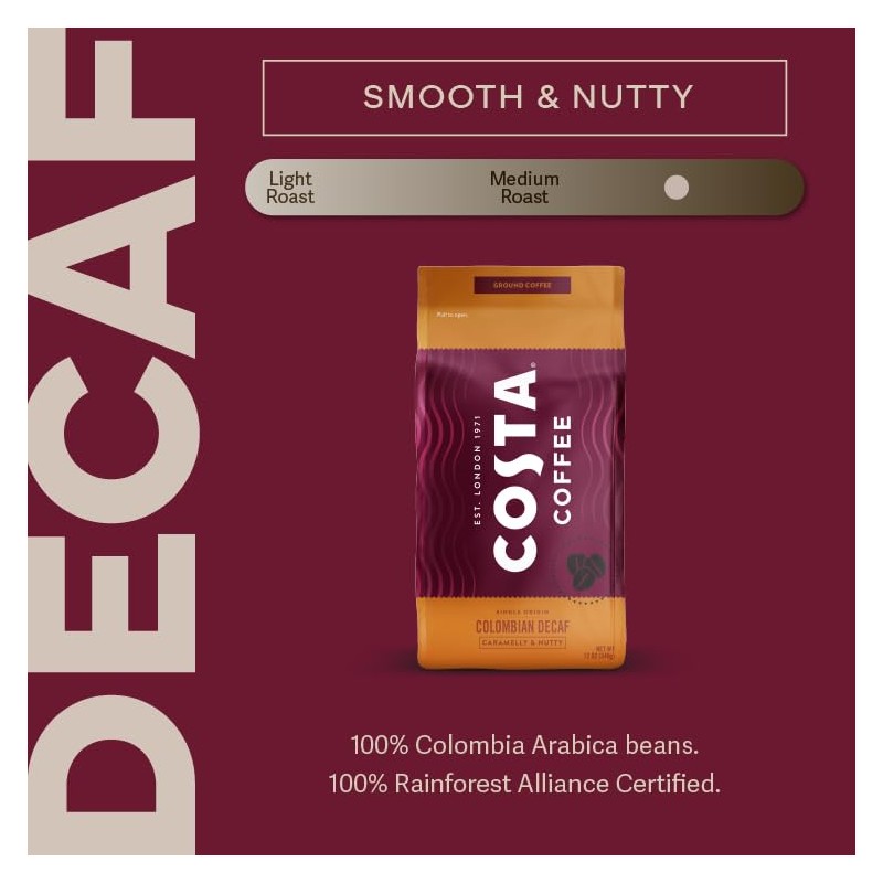 Costa Coffee Ground Coffee, Colombian Decaf Medium Roast, 12oz each,