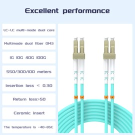 Buacoz 15Meters 50ft LC/UPC-LC/UPC 10GB Multi-Mode Fiber Optic Cable LC to LC OM3 LC-LC 10 Gigabit Jumper Optical Patch Cord Duplex 50/125um Aqua