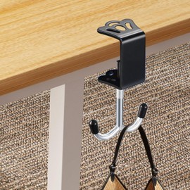 Desk Bag Hook - Headphone Holder Iron Double Hooks Under Desk Clamp | Desk Mount Adjustable Thickness Bag Holder for Bathroom Kitchen