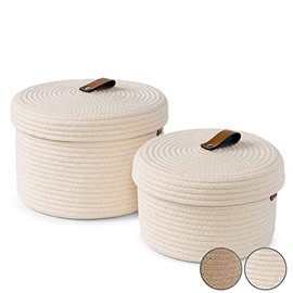 DENJA & CO Round Baskets with Lids - Set of 2 Decorative Jute Baskets with Lids for Organizing - Natural Cotton Rope Lidded Baskets with Genuine Leather Tabs and Handles - Storage Baskets with Lids