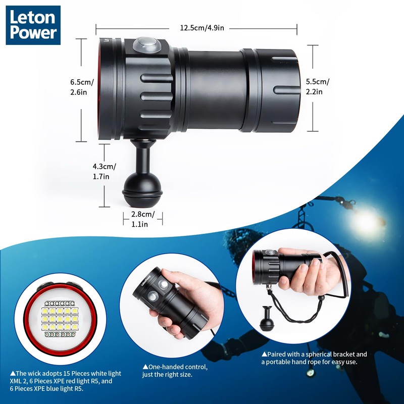 LetonPower B15 Dive Light Underwater Flashlight 8000Lumens Underwater Video Lights