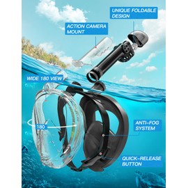Full Face Snorkel Mask, Snorkeling Gear for Adults Diving Mask Anti Fog Premium Innovative Safety Dry Top System, 180 Panoramic Foldable Anti Leak Swimming Mask with Detachable Camera Mount