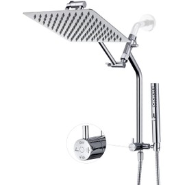 G-Promise All Metal Rain Shower Head with Massage Mode Handheld Spray Combo, 13.5 Inch Extended Diverter with Low Handheld Holder, Adjustable Shower Extension Arm, 60 Inch Long Hose (Chrome)