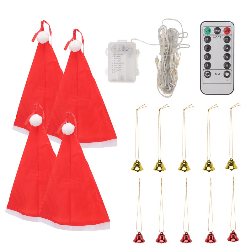 Hanging Lighted Glowing Santa Hats with Bells Battery Powered Fairy