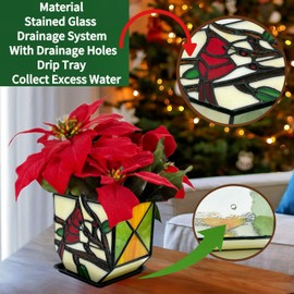 Entlityful Stained Glass Cardinal Bird Indoor Planter Pot, Decorative Flower Pot with Drainage,Planter Pots for Indoor Plants,Christmas Cardinals Decorations,Cardinal Gifts