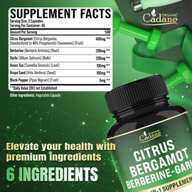Cadane Citrus Bergamot Supplement with Berberine, Garlic, Green Tea, Grape Seed & Black Pepper | Wellness & Vitality Support | Vegan, Non-GMO – 90 Capsules – 45-Day Supply
