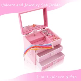 Agitation Unicorn Wooden Musical Jewelry Box for Girls with Unicorn Jewelry Set(Pink Unicorn3)