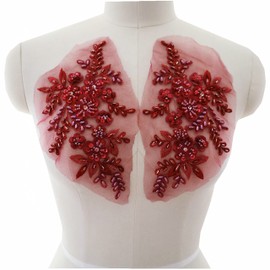 2Pcs Embroidered Beads 3D Flower Applique Lace Fabric Collar Patches Sew Patch Wedding Bridal Gown Clothes Dress Decor DIY Crafts (White)