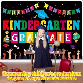 Premium Kindergarten Graduation Backdrop Banner, Large 72x44in, Classic Design, HQ Fabric, HD Printing, Perfect for Kindergarten Graduation Decorations, Kinder Pre k Preschool Grad Decorations, Black