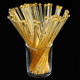 100 Pieces Disposable Plastic Round Top Crystal Swizzle Sticks Glitter Plastic Swizzle Sticks Cocktail Coffee Drink (Gold)