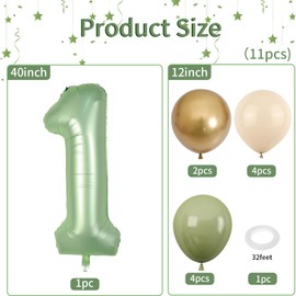 FunHot 40 Inch Sage Green Number 1 Balloon, Olive Green 1st Birthday Balloons, Retro Sand White Avocado Green Gold Latex Balloons 1 Foil Balloon for Boy Girl Baby Shower 1st Birthday Jungle Party Decorations