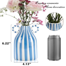 WHJY Blue and White Striped Ceramic Vase with Handles Modern Nordic Minimalist Decorative Flower Vase Small Boho Home Decor Centerpiece for Living Room Office