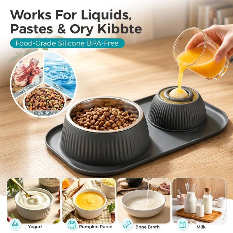 Dog Licking Bowl with Rolling Ball,Food and Water Bowl Set
