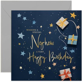 Old English Co. Nephew Birthday Card for Him - Navy Blue Male Birthday Card for Family - Stars Wrapped Gifts Presents Card Design - Modern Birthday Card | Blank Inside