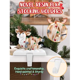 Kalolary Christmas Stocking Holders for Mantle Set of 4, Christmas Elk Stocking Hanger for Mantle Fireplace Hand-Painted Xmas Stocking Hooks for Mantle Counter Tables Window Christmas Decorations