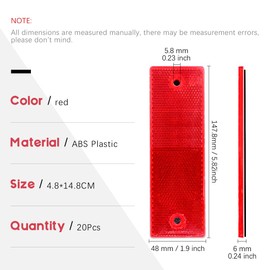 Swpeet 20Pcs Universal Red Plastic Rectangular Stick-on Car Reflector Sticker, Door Reflectors Interior Red Compatible Warning Plate Adhesive Reflector for Most Car