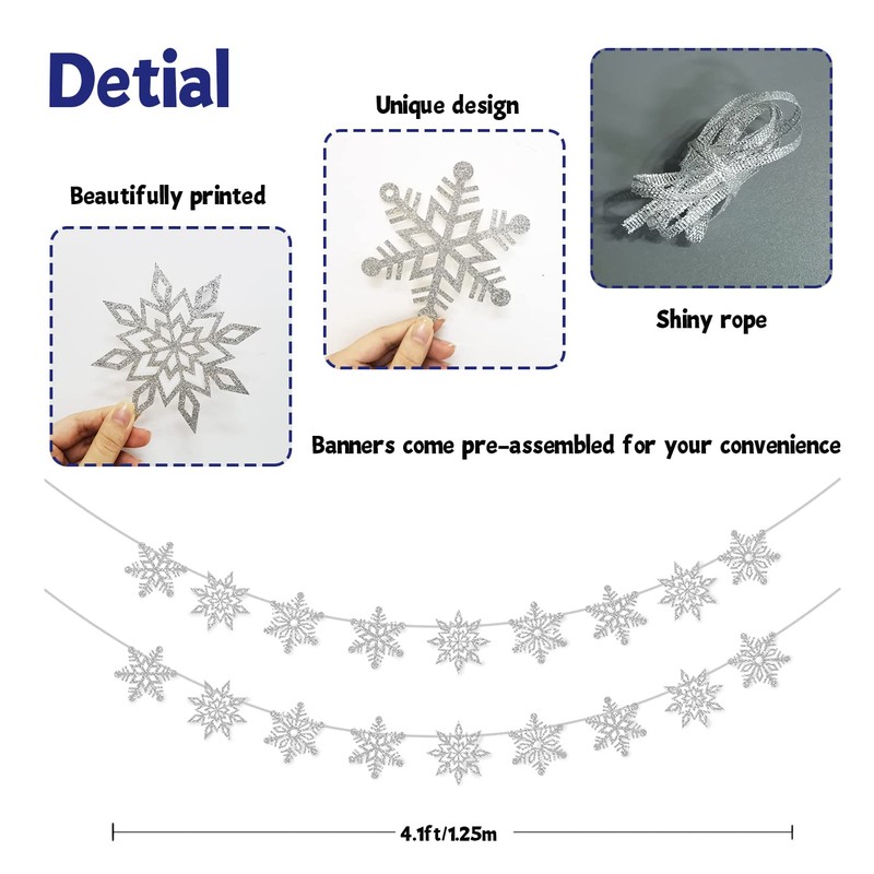 2 Pcs Silver Glitter Snowflake Banner, Snowflake Winter Party Decorations,