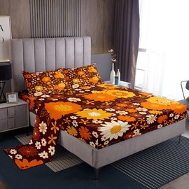 Kids 70s Groovy Flowers Bed Sheets Queen Size,Hippie Retro Farmhouse Plant Quality Brushed Microfiber Luxury Bedding Set Brown White Yellow Floral Bed Sheet Set (1 Flat,1 Fitted Sheet,2 Pillowcases)